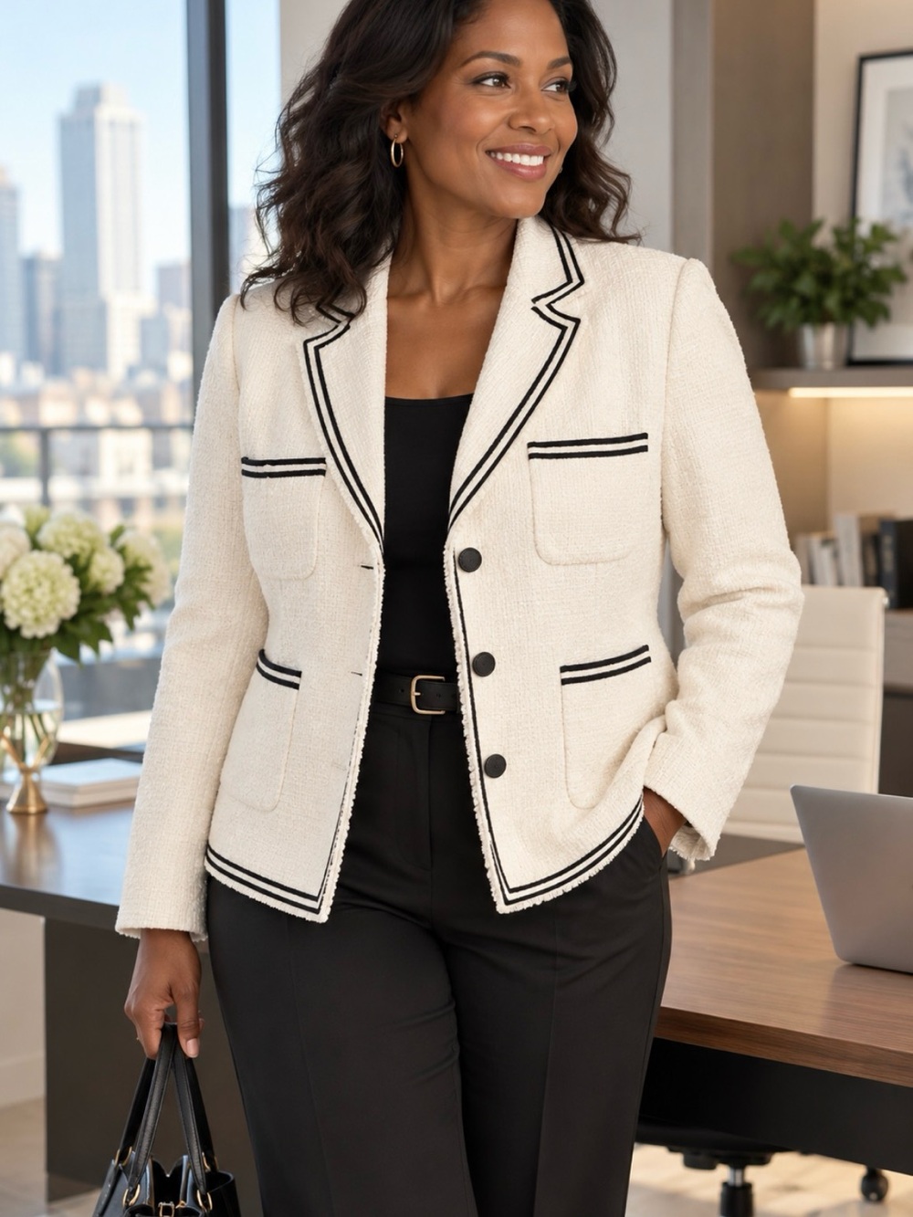 NWT Talbots Plus 18W Ivory Tweed Blazer Black Trim Preppy Chic